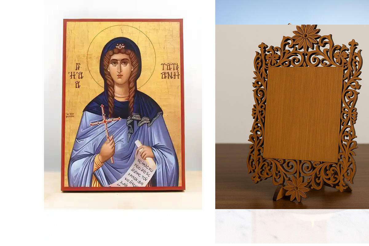 Σετ 2 τεμαχίων – Εικόνα Ορθοδοξίας Δαντέλα μαζι με  Βάση σε  8 χρώματα με περίγραμμα χρυσό σε ξύλο Plywood (Πλακάζ)   με  βάση Αγία Τατιάνα της Ρώμης, Ξύλινη Χειροποίητη Εικόνα Ελληνικού Premium Βυζαντινού Στυλ Κρεμασμένη σε ξύλινη πλάκα Χειροποίητη Ελλην