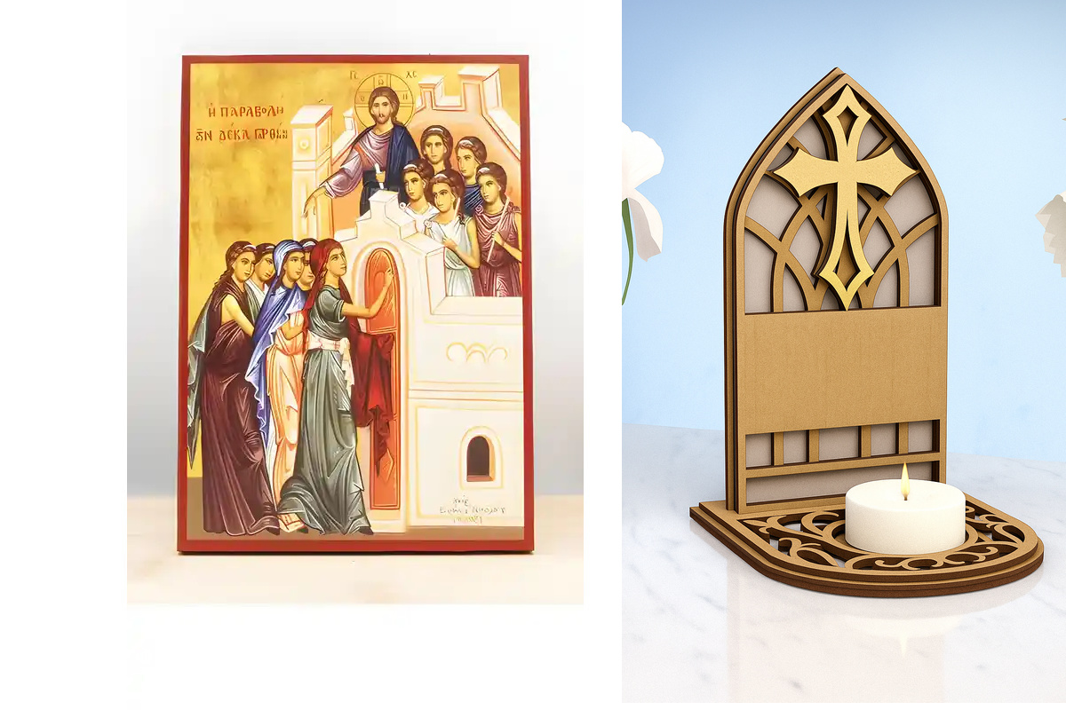 Εικόνα Ορθοδοξίας Καντηλάκι σε  8 χρώματα με περίγραμμα χρυσό σε ξύλο Plywood (Πλακάζ)   με  βάση Ιησούς Χριστός Παραβολή των Δέκα Παρθένων, Ξύλινη Χειροποίητη Εικόνα Ελληνικού Βυζαντινού Στυλ τοίχου που κρέμεται σε ξύλινη πλάκα Θρησκευτικό θέμα Χειροποίη