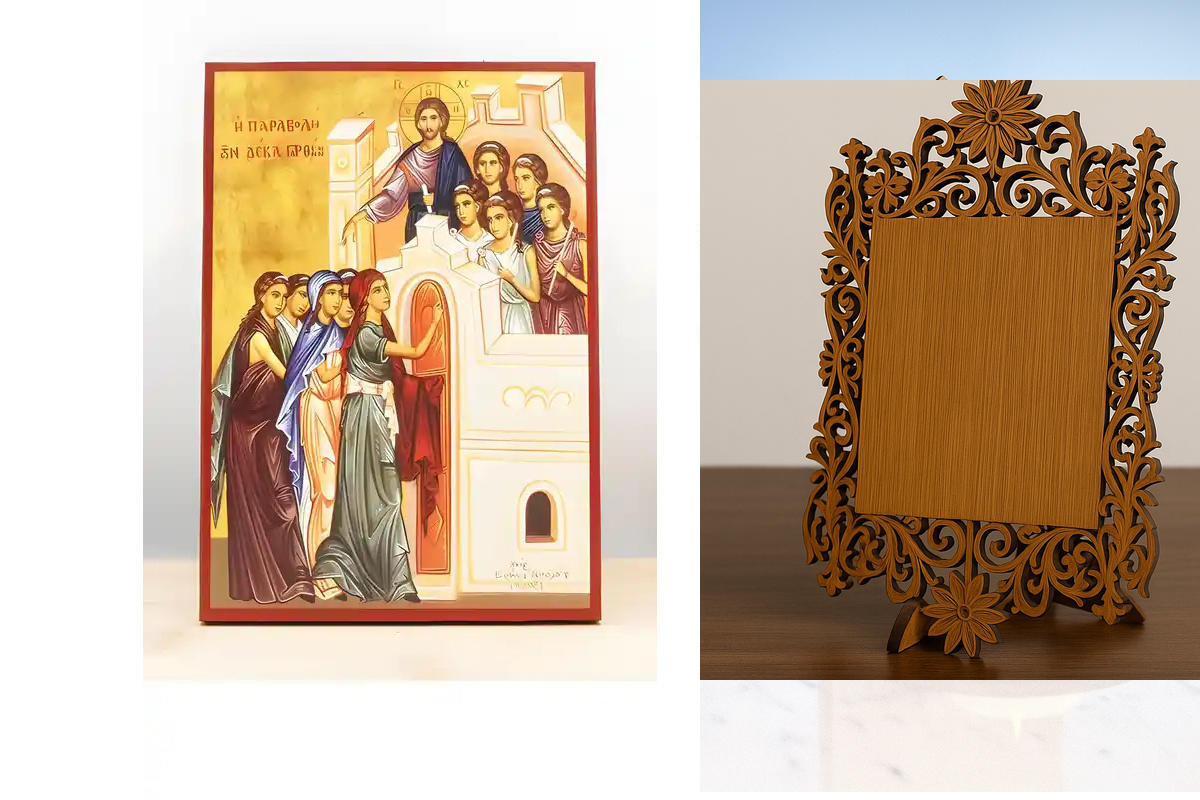 Εικόνα Ορθοδοξίας Δαντέλα μαζι με  Βάση σε  8 χρώματα με περίγραμμα χρυσό σε ξύλο Plywood (Πλακάζ)   με  βάση Ιησούς Χριστός Παραβολή των Δέκα Παρθένων, Ξύλινη Χειροποίητη Εικόνα Ελληνικού Βυζαντινού Στυλ τοίχου που κρέμεται σε ξύλινη πλάκα Θρησκευτικό θέ