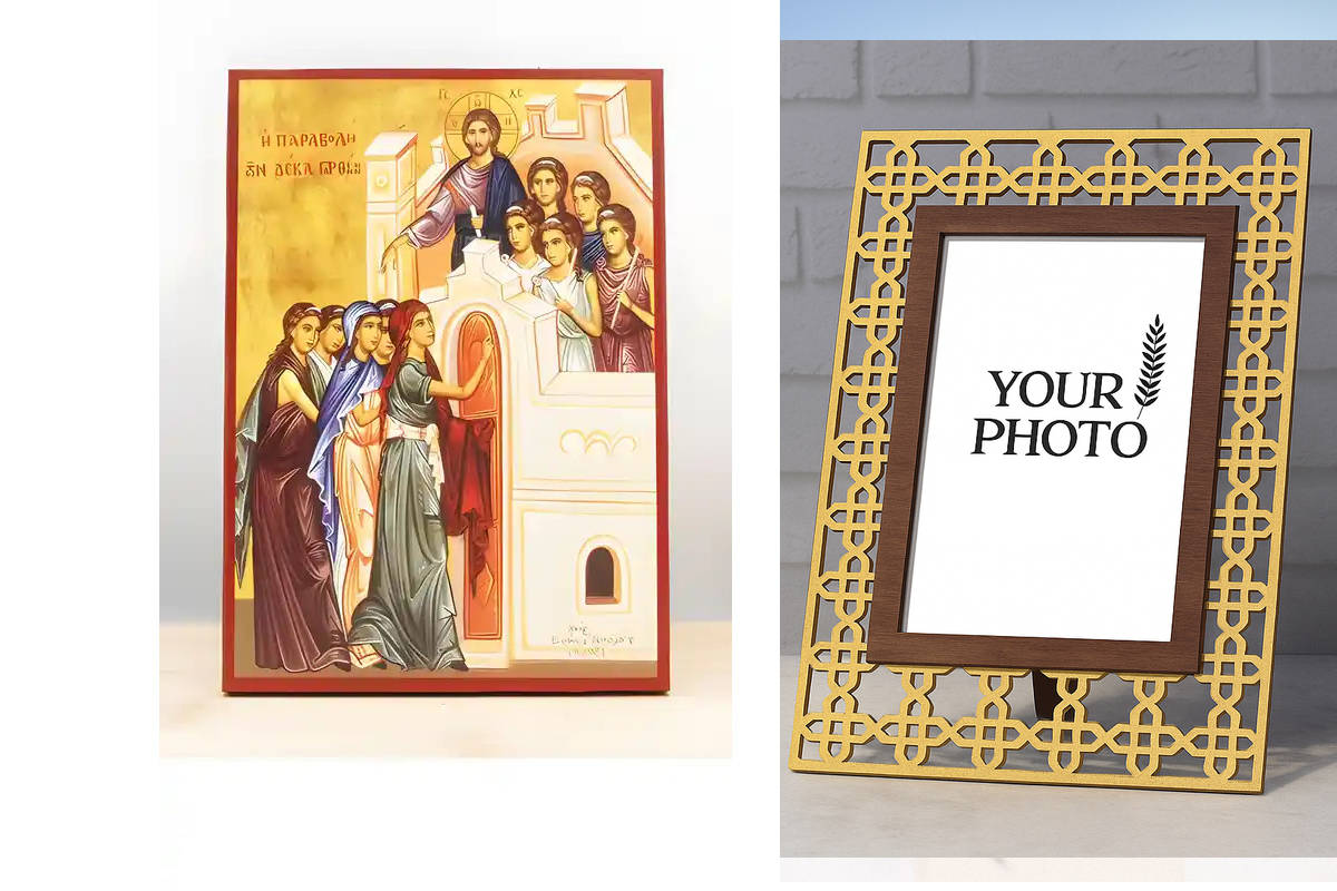 Εικόνα Ορθοδοξίας Πολυτελείας  με  σχεδιο Σταυρούς μαζι με  Βάση σε  8 χρώματα με περίγραμμα χρυσό σε ξύλο Plywood (Πλακάζ)   με  βάση Ιησούς Χριστός Παραβολή των Δέκα Παρθένων, Ξύλινη Χειροποίητη Εικόνα Ελληνικού Βυζαντινού Στυλ τοίχου που κρέμεται σε ξύ