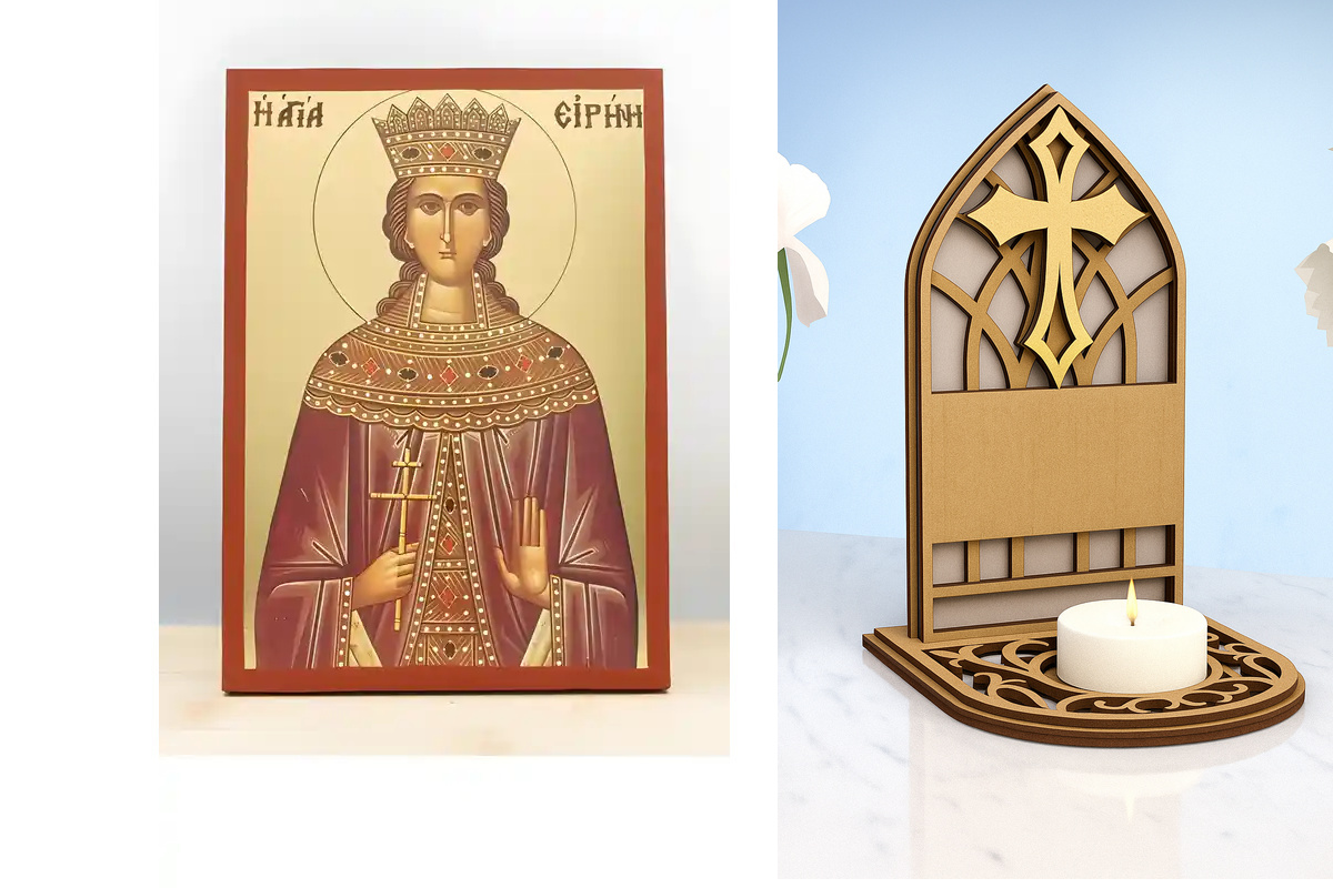Εικόνα Ορθοδοξίας Καντηλάκι σε  8 χρώματα με περίγραμμα χρυσό σε ξύλο Plywood (Πλακάζ)   με  βάση Αγία Ειρήνη η Μεγαλομάρτυς, Ξύλινη Χειροποίητη Εικόνα με Ψηφιακή Εκτύπωση Ελληνικό Premium Βυζαντινού Στυλ Κρεμαστό τοίχου Θρησκευτικό Θέμα Χειροποίητη Ελλην