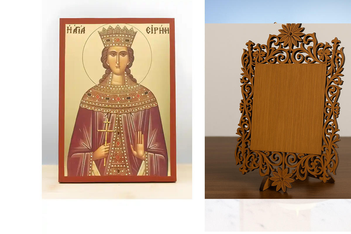 Σετ 2 τεμαχίων – Εικόνα Ορθοδοξίας Δαντέλα μαζι με  Βάση σε  8 χρώματα με περίγραμμα χρυσό σε ξύλο Plywood (Πλακάζ)   με  βάση Αγία Ειρήνη η Μεγαλομάρτυς, Ξύλινη Χειροποίητη Εικόνα με Ψηφιακή Εκτύπωση Ελληνικό Premium Βυζαντινού Στυλ Κρεμαστό τοίχου Θρησκ