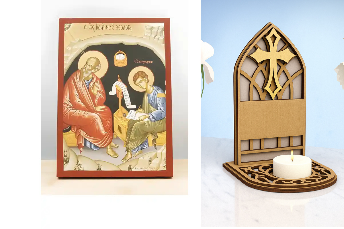 Εικόνα Ορθοδοξίας Καντηλάκι σε  8 χρώματα με περίγραμμα χρυσό σε ξύλο Plywood (Πλακάζ)   με  βάση Ο Άγιος Ιωάννης ο Θεολόγος στο Σπήλαιο της Αποκάλυψης, Ξύλινη Χειροποίητη Εικόνα με Αλουμινόχαρτο Ελληνικής Βυζαντινής Τεχνολογίας Χειροποίητη Ελληνορθόδοξη