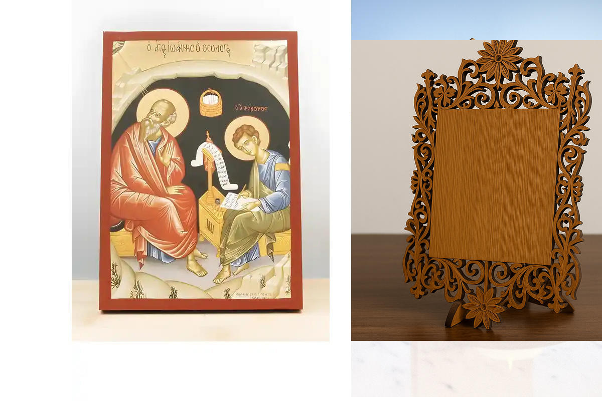 Εικόνα Ορθοδοξίας Δαντέλα μαζι με  Βάση σε  8 χρώματα με περίγραμμα χρυσό σε ξύλο Plywood (Πλακάζ)   με  βάση Ο Άγιος Ιωάννης ο Θεολόγος στο Σπήλαιο της Αποκάλυψης, Ξύλινη Χειροποίητη Εικόνα με Αλουμινόχαρτο Ελληνικής Βυζαντινής Τεχνολογίας Χειροποίητη Ελ