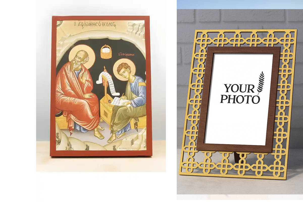 Εικόνα Ορθοδοξίας Πολυτελείας  με  σχεδιο Σταυρούς μαζι με  Βάση σε  8 χρώματα με περίγραμμα χρυσό σε ξύλο Plywood (Πλακάζ)   με  βάση Ο Άγιος Ιωάννης ο Θεολόγος στο Σπήλαιο της Αποκάλυψης, Ξύλινη Χειροποίητη Εικόνα με Αλουμινόχαρτο Ελληνικής Βυζαντινής Τ