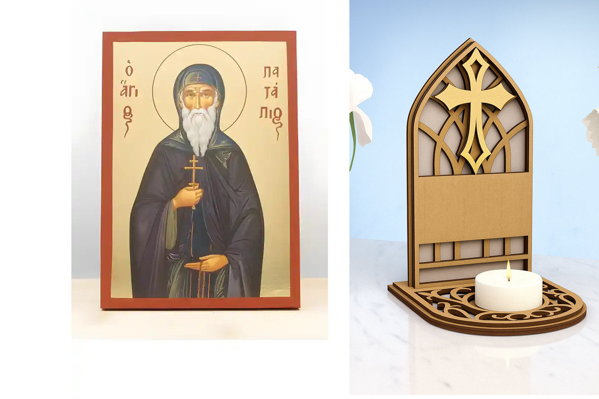 Εικόνα Ορθοδοξίας Καντηλάκι σε  8 χρώματα με περίγραμμα χρυσό σε ξύλο Plywood (Πλακάζ)   με  βάση Άγιος Πατάπιος Θηβών, Ξύλινη Χειροποίητη Εικόνα με χρυσό φύλλο Ελληνικού Premium Βυζαντινού Στυλ Κρεμαστό τοίχου Θρησκευτικό Θέμα Χειροποίητη Ελληνορθόδοξη ε