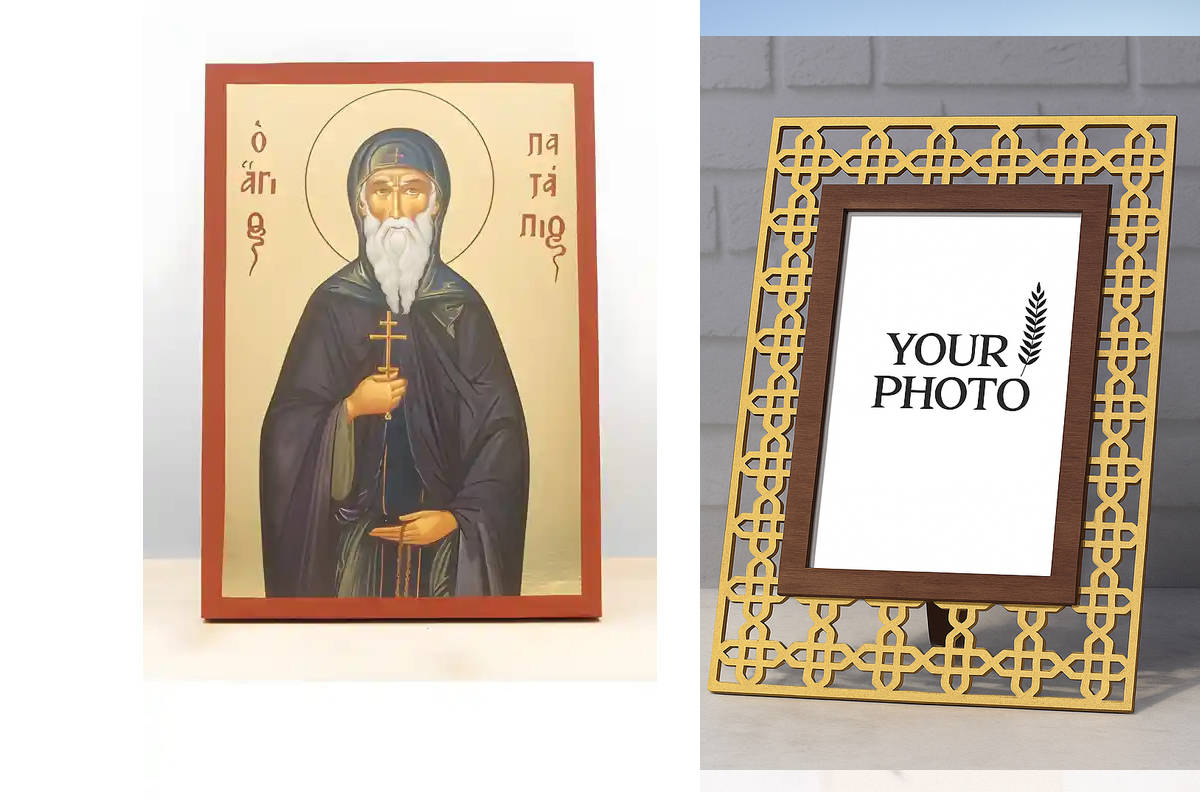 Εικόνα Ορθοδοξίας Πολυτελείας  με  σχεδιο Σταυρούς μαζι με  Βάση σε  8 χρώματα με περίγραμμα χρυσό σε ξύλο Plywood (Πλακάζ)   με  βάση Άγιος Πατάπιος Θηβών, Ξύλινη Χειροποίητη Εικόνα με χρυσό φύλλο Ελληνικού Premium Βυζαντινού Στυλ Κρεμαστό τοίχου Θρησκευ