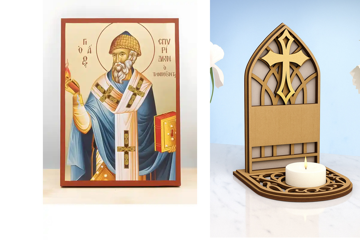 Εικόνα Ορθοδοξίας Καντηλάκι σε  8 χρώματα με περίγραμμα χρυσό σε ξύλο Plywood (Πλακάζ)   με  βάση Άγιος Σπυρίδων ο Θαυματουργός και Επίσκοπος Τρέμιθους, Ξύλινη Χειροποίητη Εικόνα με Αλουμινόχαρτο Ελληνικού Βυζαντινού Στυλ επιτοίχιας υψηλής ποιότητας Χειρο