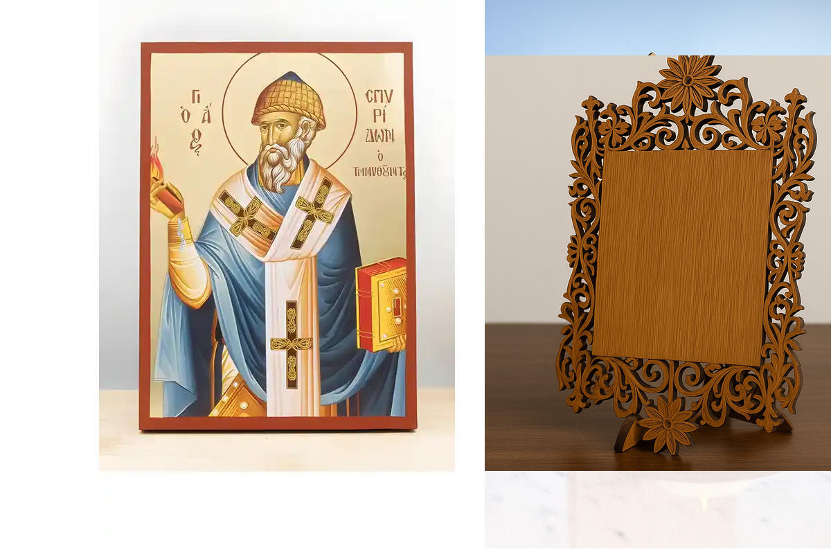 Εικόνα Ορθοδοξίας Δαντέλα μαζι με  Βάση σε  8 χρώματα με περίγραμμα χρυσό σε ξύλο Plywood (Πλακάζ)   με  βάση Άγιος Σπυρίδων ο Θαυματουργός και Επίσκοπος Τρέμιθους, Ξύλινη Χειροποίητη Εικόνα με Αλουμινόχαρτο Ελληνικού Βυζαντινού Στυλ επιτοίχιας υψηλής ποι