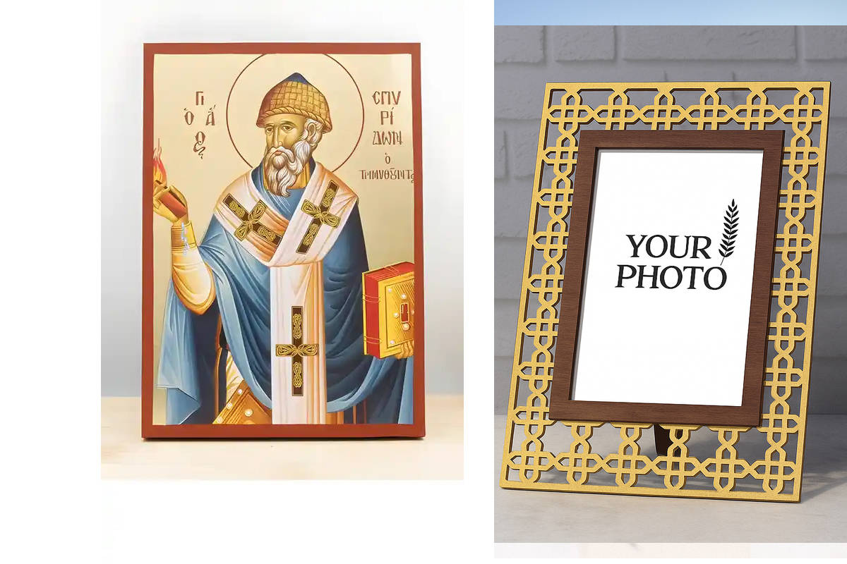 Εικόνα Ορθοδοξίας Πολυτελείας  με  σχεδιο Σταυρούς μαζι με  Βάση σε  8 χρώματα με περίγραμμα χρυσό σε ξύλο Plywood (Πλακάζ)   με  βάση Άγιος Σπυρίδων ο Θαυματουργός και Επίσκοπος Τρέμιθους, Ξύλινη Χειροποίητη Εικόνα με Αλουμινόχαρτο Ελληνικού Βυζαντινού Σ