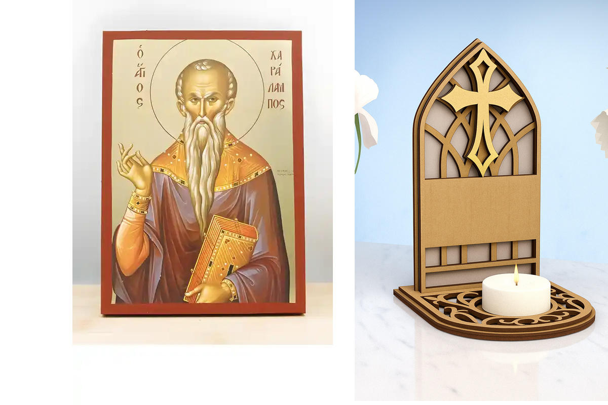 Εικόνα Ορθοδοξίας Καντηλάκι σε  8 χρώματα με περίγραμμα χρυσό σε ξύλο Plywood (Πλακάζ)   με  βάση Άγιος Χαράλαμπος Μαγνησίας, Ξύλινη Χειροποίητη Εικόνα με Φύλλο Χρυσού Ελληνικού Premium Βυζαντινού Στυλ Κρεμαστό τοίχου Θρησκευτικό Θέμα Χειροποίητη Ελληνορθ