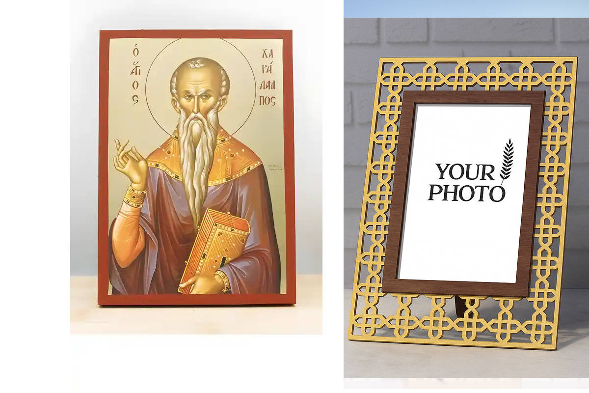 Εικόνα Ορθοδοξίας Πολυτελείας  με  σχεδιο Σταυρούς μαζι με  Βάση σε  8 χρώματα με περίγραμμα χρυσό σε ξύλο Plywood (Πλακάζ)   με  βάση Άγιος Χαράλαμπος Μαγνησίας, Ξύλινη Χειροποίητη Εικόνα με Φύλλο Χρυσού Ελληνικού Premium Βυζαντινού Στυλ Κρεμαστό τοίχου