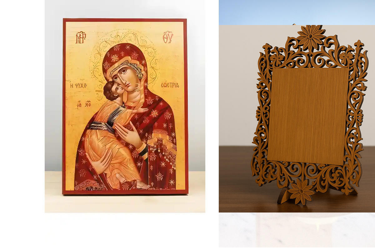 Εικόνα Ορθοδοξίας Δαντέλα μαζι με  Βάση σε  8 χρώματα με περίγραμμα χρυσό σε ξύλο Plywood (Πλακάζ)   με  βάση Παναγία Ψυχοθήκη «Ψυχοσόστρια», Ξύλινη Χειροποίητη Εικόνα Ελληνικού Βυζαντινού Στυλ Κρεμαστή σε Ξύλινη Πλάκα Θρησκευτικό Θέμα Χειροποίητη Ελληνορ