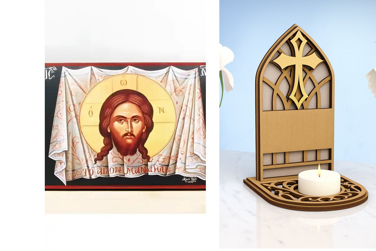 Εικόνα Ορθοδοξίας Καντηλάκι σε  8 χρώματα με περίγραμμα χρυσό σε ξύλο Plywood (Πλακάζ)   με  βάση Η Ιερά Χαρτοπετσέτα του Ιησού Χριστού, Ξύλινη Χειροποίητη Εικόνα Ελληνικού Premium Βυζαντινού Στυλ τοίχου Κρεμασμένη σε Ξύλινη Πλάκα Θρησκευτικό Χειροποίητη