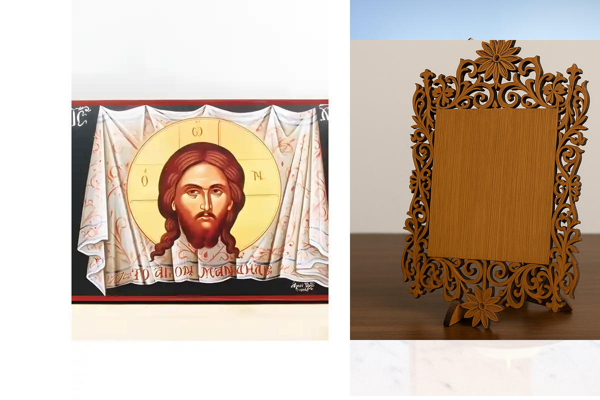 Εικόνα Ορθοδοξίας Δαντέλα μαζι με  Βάση σε  8 χρώματα με περίγραμμα χρυσό σε ξύλο Plywood (Πλακάζ)   με  βάση Η Ιερά Χαρτοπετσέτα του Ιησού Χριστού, Ξύλινη Χειροποίητη Εικόνα Ελληνικού Premium Βυζαντινού Στυλ τοίχου Κρεμασμένη σε Ξύλινη Πλάκα Θρησκευτικό
