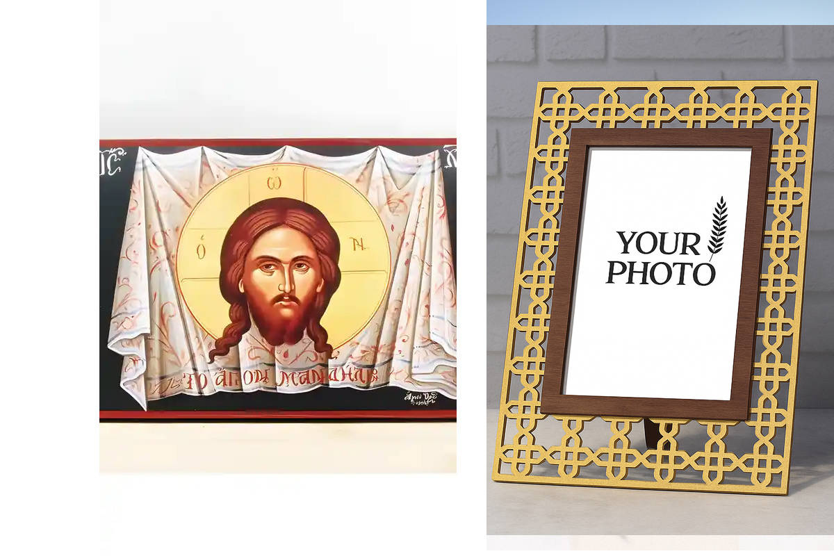 Εικόνα Ορθοδοξίας Πολυτελείας  με  σχεδιο Σταυρούς μαζι με  Βάση σε  8 χρώματα με περίγραμμα χρυσό σε ξύλο Plywood (Πλακάζ)   με  βάση Η Ιερά Χαρτοπετσέτα του Ιησού Χριστού, Ξύλινη Χειροποίητη Εικόνα Ελληνικού Premium Βυζαντινού Στυλ τοίχου Κρεμασμένη σε