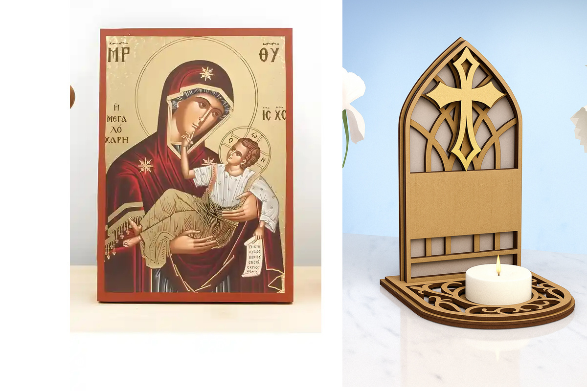 Εικόνα Ορθοδοξίας Καντηλάκι σε  8 χρώματα με περίγραμμα χρυσό σε ξύλο Plywood (Πλακάζ)   με  βάση Παναγία της Μεγάλης Χάριτος "Μεγαλόχαρη" με τον Ιησού, Ξύλινη Χειροποίητη Εικόνα με Χαρακτική Ελληνική Βυζαντινής Στυλ Κρεμάστρα Χειροποίητη Ελληνορθόδοξη ει