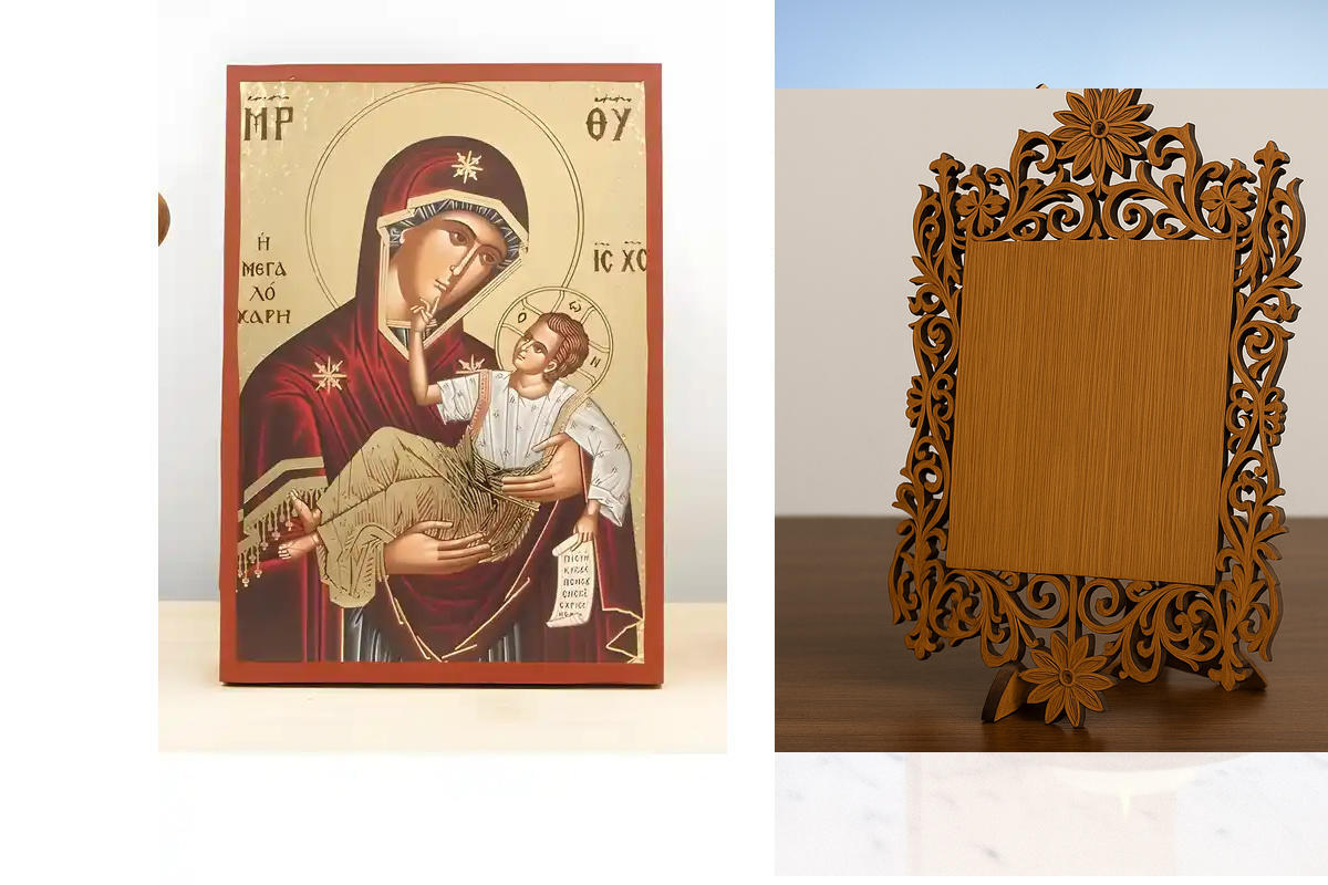 Εικόνα Ορθοδοξίας Δαντέλα μαζι με  Βάση σε  8 χρώματα με περίγραμμα χρυσό σε ξύλο Plywood (Πλακάζ)   με  βάση Παναγία της Μεγάλης Χάριτος "Μεγαλόχαρη" με τον Ιησού, Ξύλινη Χειροποίητη Εικόνα με Χαρακτική Ελληνική Βυζαντινής Στυλ Κρεμάστρα Χειροποίητη Ελλη