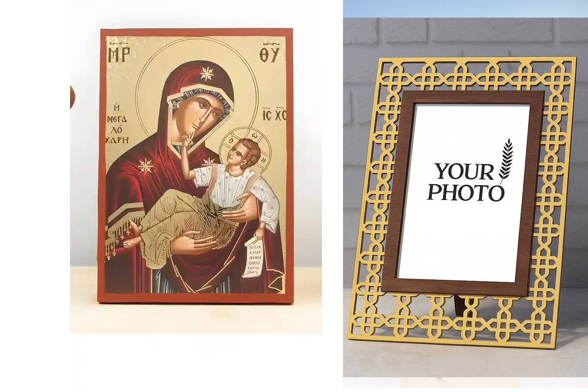 Εικόνα Ορθοδοξίας Πολυτελείας  με  σχεδιο Σταυρούς μαζι με  Βάση σε  8 χρώματα με περίγραμμα χρυσό σε ξύλο Plywood (Πλακάζ)   με  βάση Παναγία της Μεγάλης Χάριτος "Μεγαλόχαρη" με τον Ιησού, Ξύλινη Χειροποίητη Εικόνα με Χαρακτική Ελληνική Βυζαντινής Στυλ Κ