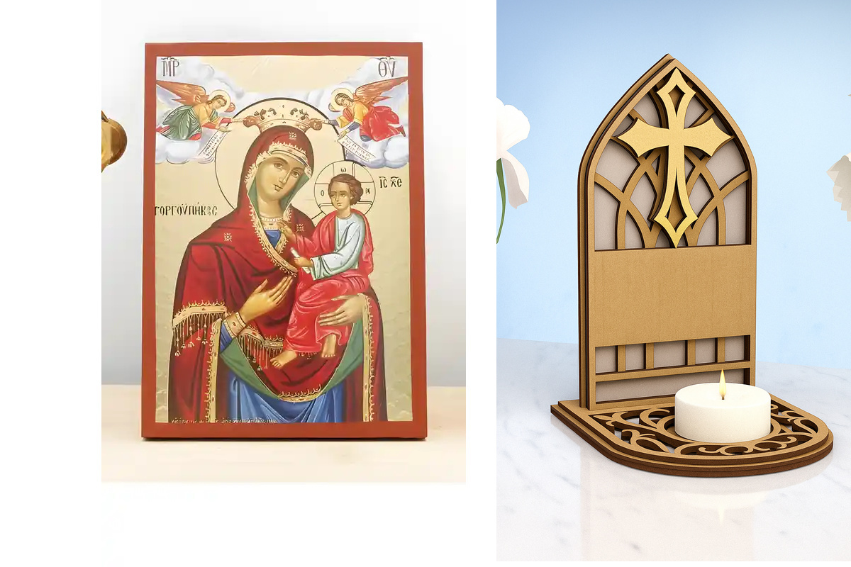 Εικόνα Ορθοδοξίας Καντηλάκι σε  8 χρώματα με περίγραμμα χρυσό σε ξύλο Plywood (Πλακάζ)   με  βάση Παναγία Γοργοεπήκοος με τον Ιησού, Ξύλινη Χειροποίητη Εικόνα με Χαρακτική Ελληνική Βυζαντινού Στυλ σε Ξύλινη πλάκα Χειροποίητη Ελληνορθόδοξη εικόνα του Ιησού