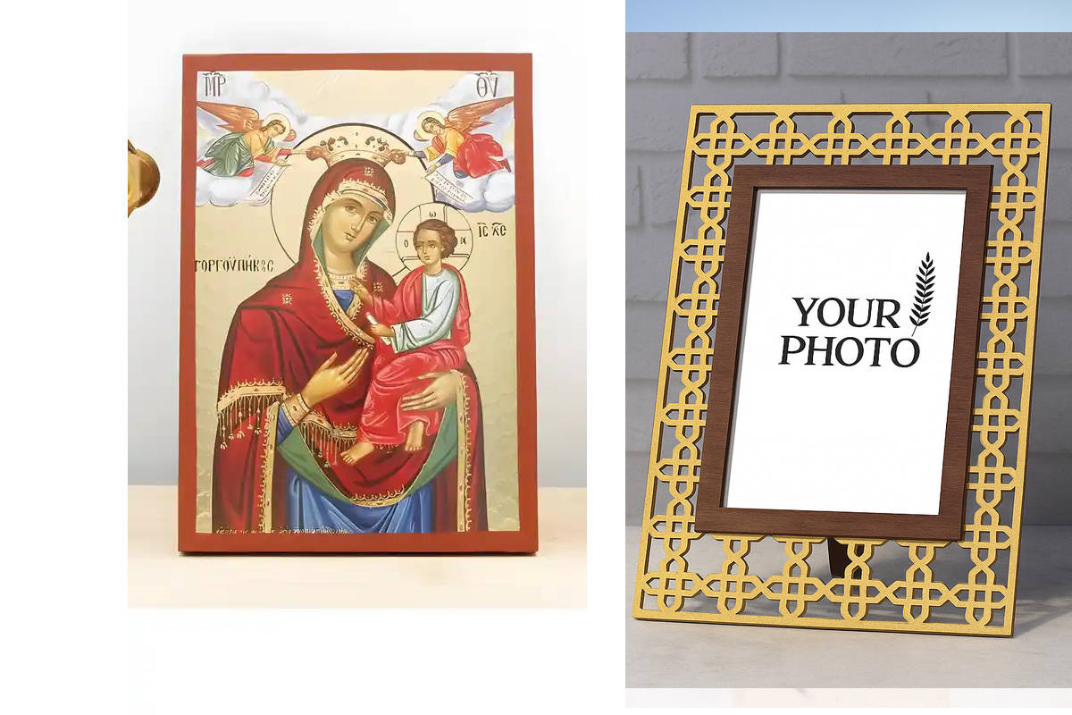 Εικόνα Ορθοδοξίας Πολυτελείας  με  σχεδιο Σταυρούς μαζι με  Βάση σε  8 χρώματα με περίγραμμα χρυσό σε ξύλο Plywood (Πλακάζ)   με  βάση Παναγία Γοργοεπήκοος με τον Ιησού, Ξύλινη Χειροποίητη Εικόνα με Χαρακτική Ελληνική Βυζαντινού Στυλ σε Ξύλινη πλάκα Χειρο