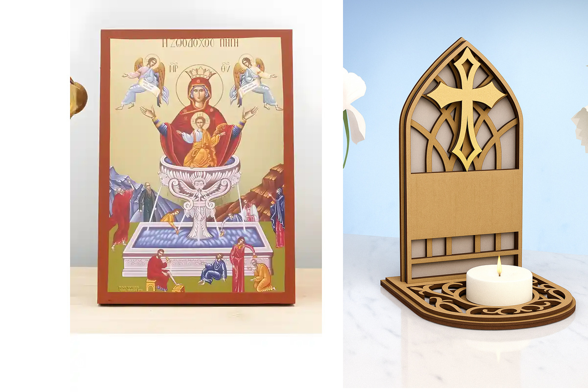 Εικόνα Ορθοδοξίας Καντηλάκι σε  8 χρώματα με περίγραμμα χρυσό σε ξύλο Plywood (Πλακάζ)   με  βάση Παναγία η Ζωοδόχος Πηγή με τον Ιησού και τους Αγγέλους, Ξύλινη Χειροποίητη Εικόνα με Ψηφιακή Εκτύπωση Ελληνικό Βυζαντινό Στυλ επιτοίχιο Χειροποίητη Ελληνορθό
