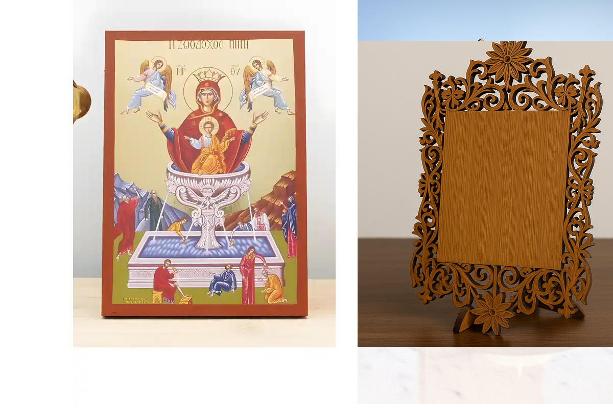 Εικόνα Ορθοδοξίας Δαντέλα μαζι με  Βάση σε  8 χρώματα με περίγραμμα χρυσό σε ξύλο Plywood (Πλακάζ)   με  βάση Παναγία η Ζωοδόχος Πηγή με τον Ιησού και τους Αγγέλους, Ξύλινη Χειροποίητη Εικόνα με Ψηφιακή Εκτύπωση Ελληνικό Βυζαντινό Στυλ επιτοίχιο Χειροποίη