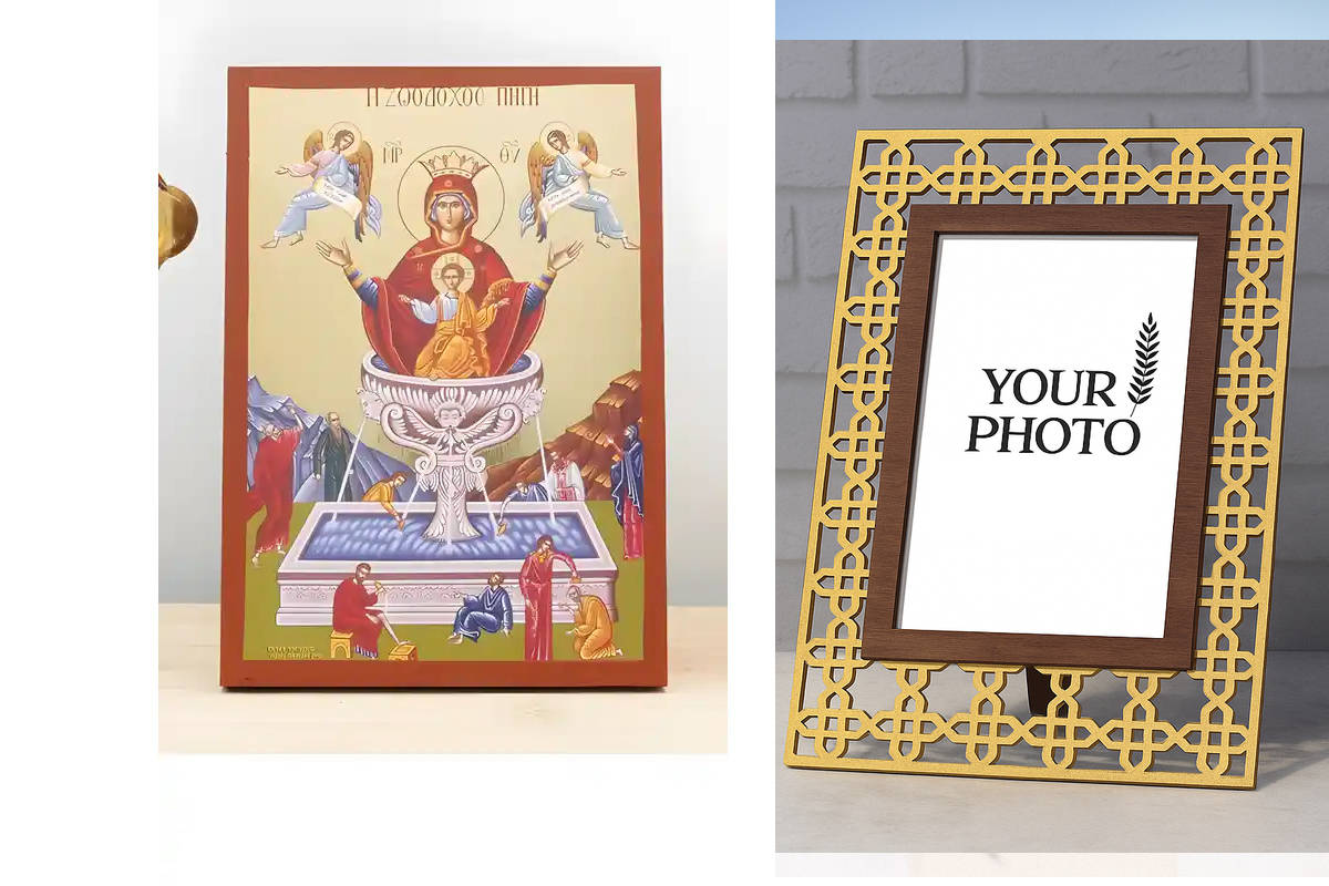 Εικόνα Ορθοδοξίας Πολυτελείας  με  σχεδιο Σταυρούς μαζι με  Βάση σε  8 χρώματα με περίγραμμα χρυσό σε ξύλο Plywood (Πλακάζ)   με  βάση Παναγία η Ζωοδόχος Πηγή με τον Ιησού και τους Αγγέλους, Ξύλινη Χειροποίητη Εικόνα με Ψηφιακή Εκτύπωση Ελληνικό Βυζαντινό