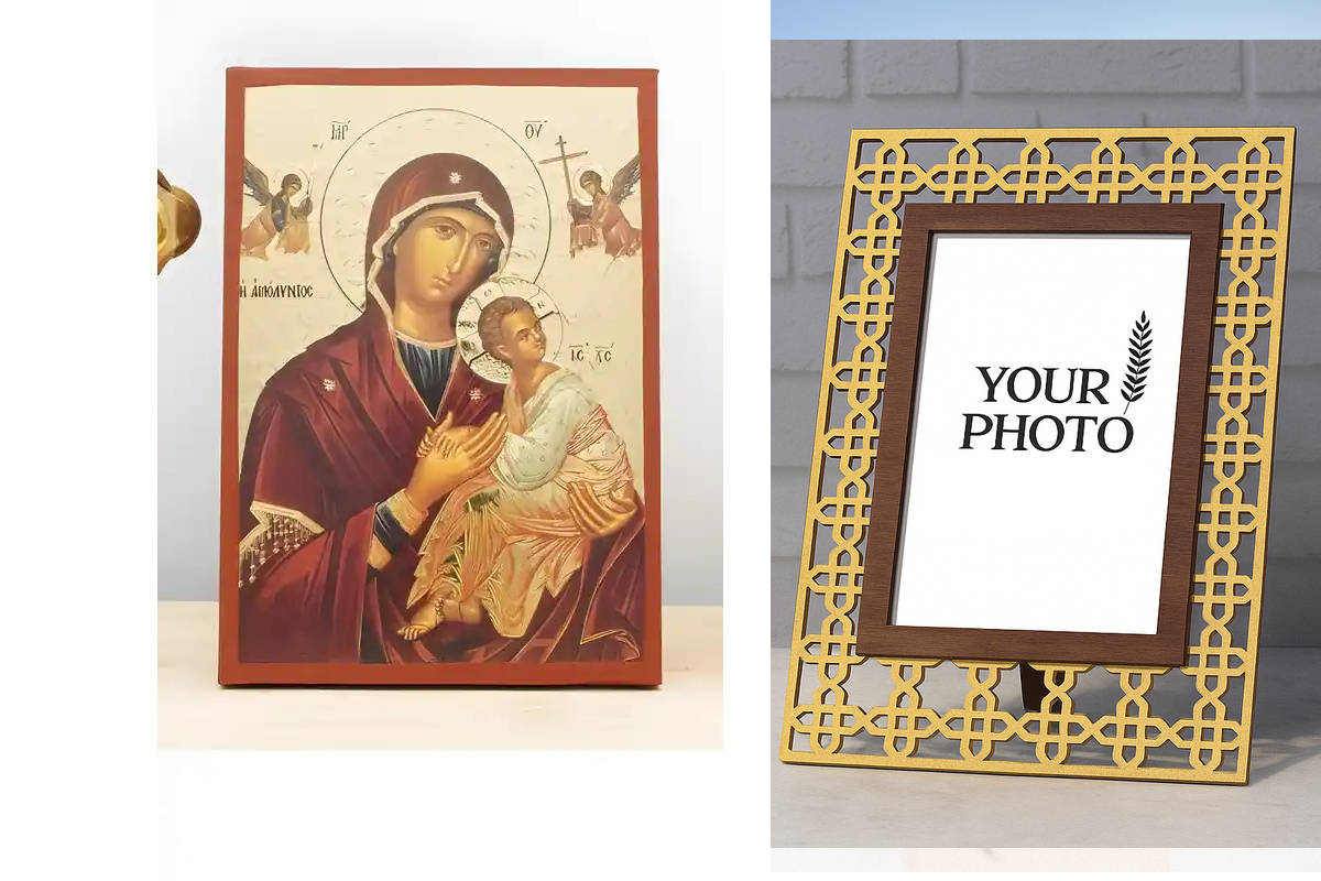 Εικόνα Ορθοδοξίας Πολυτελείας  με  σχεδιο Σταυρούς μαζι με  Βάση σε  8 χρώματα με περίγραμμα χρυσό σε ξύλο Plywood (Πλακάζ)   με  βάση Παναγία η Αγνή «Αμόλυντος» με τον Ιησού, Ξύλινη Χειροποίητη Εικόνα με Χαρακτική Ελληνική Βυζαντινού Στυλ τοίχου Χειροποί