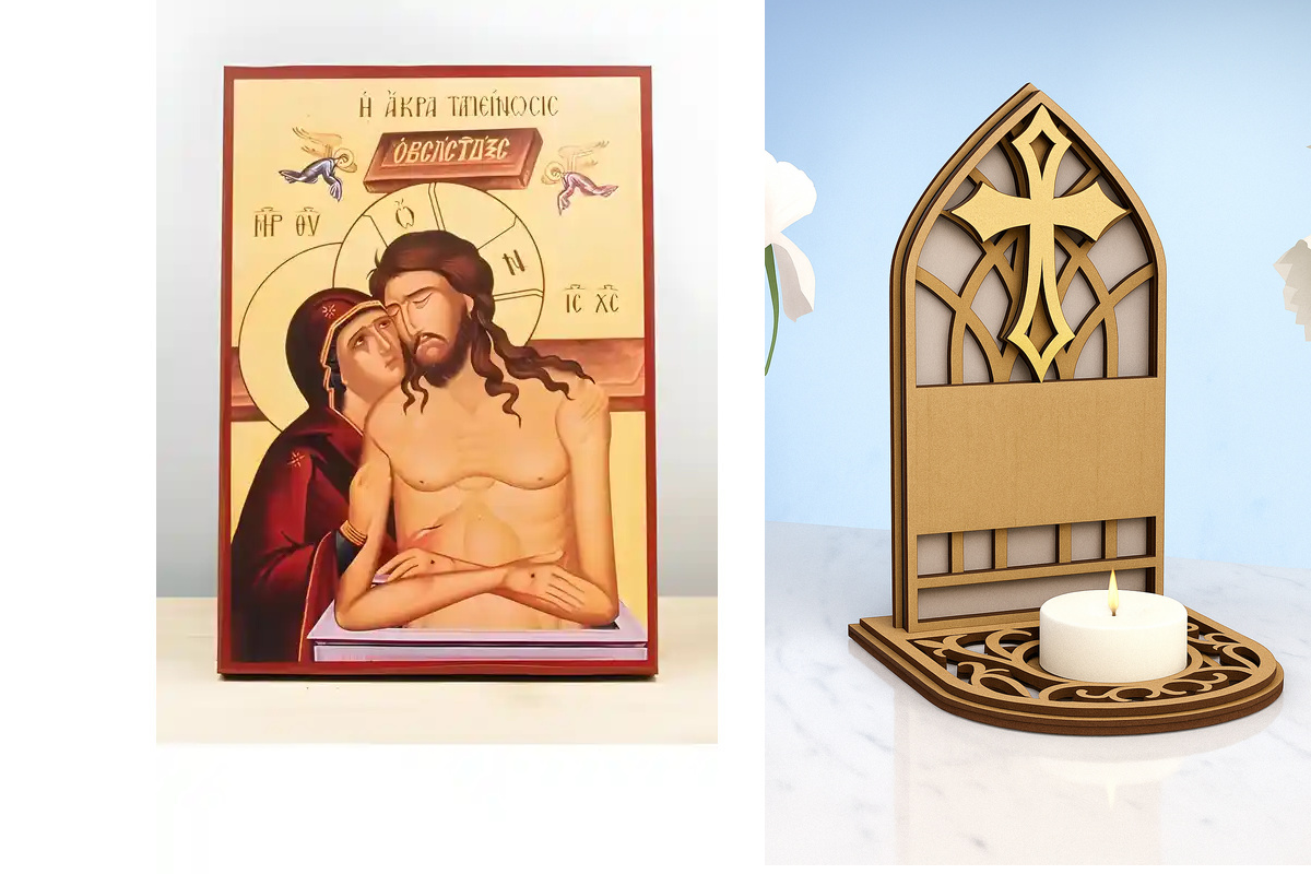 Εικόνα Ορθοδοξίας Καντηλάκι σε  8 χρώματα με περίγραμμα χρυσό σε ξύλο Plywood (Πλακάζ)   με  βάση Jesus Christ Man of Sorrows "Extreme Humility" με την Παναγία, Ξύλινη Χειροποίητη Εικόνα Ελληνικής Premium Βυζαντινού Στυλ Κρεμάστρα τοίχου Χειροποίητη Ελλην