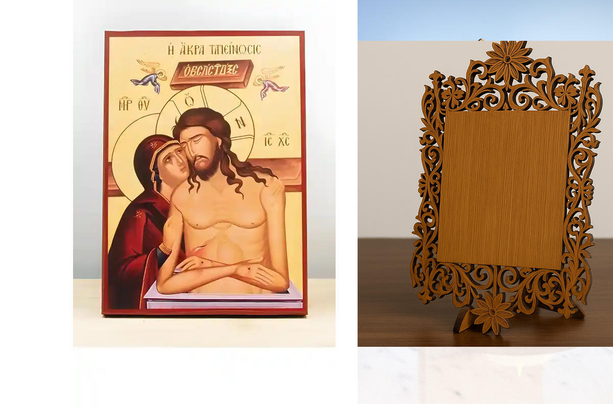 Εικόνα Ορθοδοξίας Δαντέλα μαζι με  Βάση σε  8 χρώματα με περίγραμμα χρυσό σε ξύλο Plywood (Πλακάζ)   με  βάση Jesus Christ Man of Sorrows "Extreme Humility" με την Παναγία, Ξύλινη Χειροποίητη Εικόνα Ελληνικής Premium Βυζαντινού Στυλ Κρεμάστρα τοίχου Χειρο