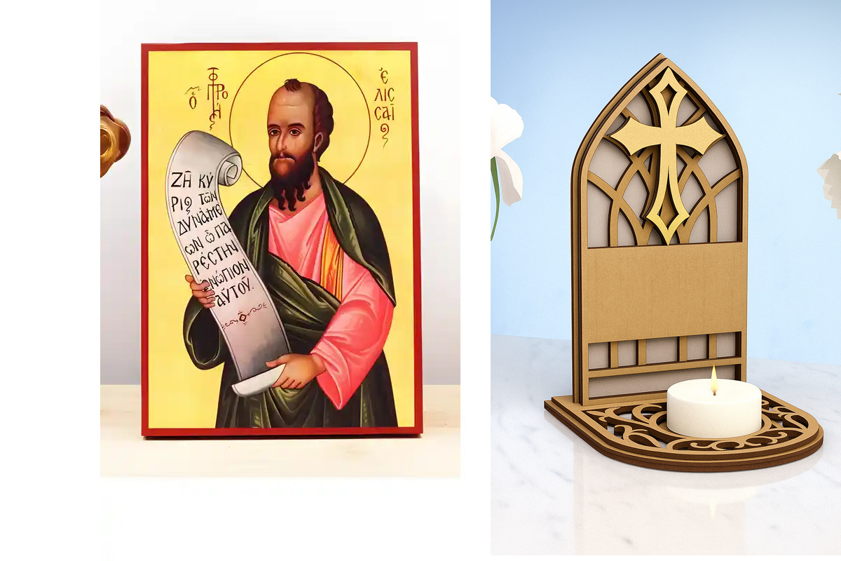 Εικόνα Ορθοδοξίας Καντηλάκι σε  8 χρώματα με περίγραμμα χρυσό σε ξύλο Plywood (Πλακάζ)   με  βάση Άγιος Προφήτης Ελισσαίου, Ξύλινη Χειροποίητη Εικόνα Ελληνικού Premium Βυζαντινού Στυλ Κρεμαστή σε ξύλινη πλάκα Θρησκευτικό θέμα Χειροποίητη Ελληνορθόδοξη εικ