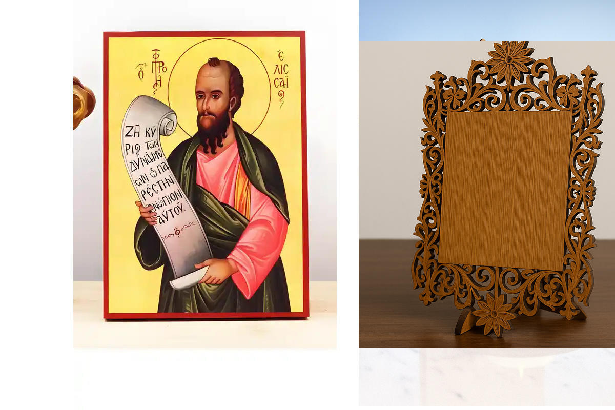 Εικόνα Ορθοδοξίας Δαντέλα μαζι με  Βάση σε  8 χρώματα με περίγραμμα χρυσό σε ξύλο Plywood (Πλακάζ)   με  βάση Άγιος Προφήτης Ελισσαίου, Ξύλινη Χειροποίητη Εικόνα Ελληνικού Premium Βυζαντινού Στυλ Κρεμαστή σε ξύλινη πλάκα Θρησκευτικό θέμα Χειροποίητη Ελλην