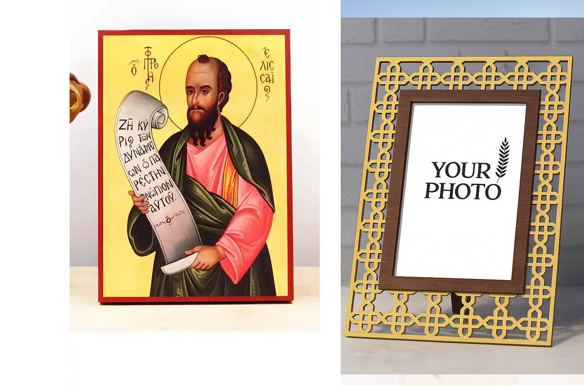 Εικόνα Ορθοδοξίας Πολυτελείας  με  σχεδιο Σταυρούς μαζι με  Βάση σε  8 χρώματα με περίγραμμα χρυσό σε ξύλο Plywood (Πλακάζ)   με  βάση Άγιος Προφήτης Ελισσαίου, Ξύλινη Χειροποίητη Εικόνα Ελληνικού Premium Βυζαντινού Στυλ Κρεμαστή σε ξύλινη πλάκα Θρησκευτι