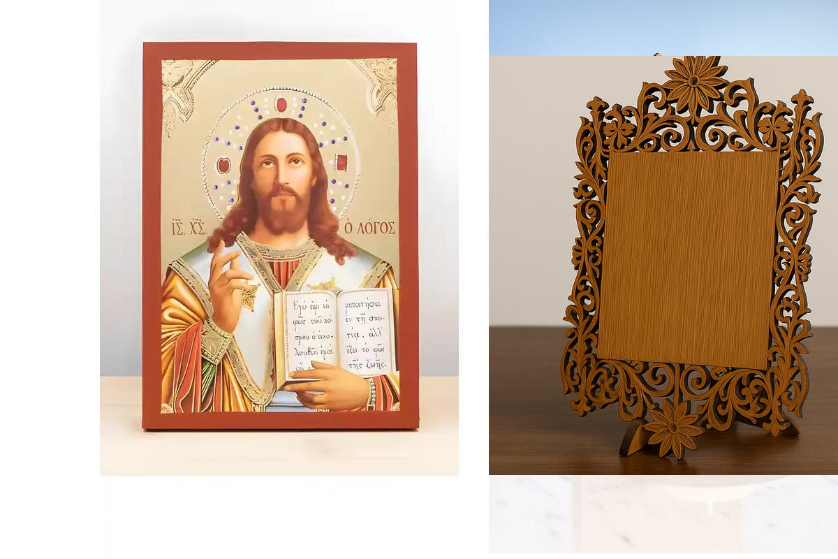 Εικόνα Ορθοδοξίας Δαντέλα μαζι με  Βάση σε  8 χρώματα με περίγραμμα χρυσό σε ξύλο Plywood (Πλακάζ)   με  βάση Ο Ιησούς Χριστός ευλογούσε στην αρχή ήταν η Ξύλινη Χειροποίητη Εικόνα με Αλουμινόχαρτο Ελληνικού Βυζαντινού Στυλ σε τοίχο Χειροποίητη Ελληνορθόδο