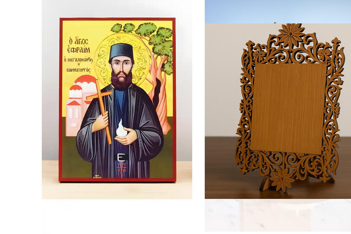 Εικόνα Ορθοδοξίας Δαντέλα μαζι με  Βάση σε  8 χρώματα με περίγραμμα χρυσό σε ξύλο Plywood (Πλακάζ)   με  βάση Άγιος Εφραίμ Νέας Μάκρης ο Νεομάρτυς, Ξύλινη Χειροποίητη Εικόνα Ελληνικής Βυζαντινής Τεχνοτροπίας Κρεμαστή σε ξύλινη πλάκα Χειροποίητη Ελληνορθόδ