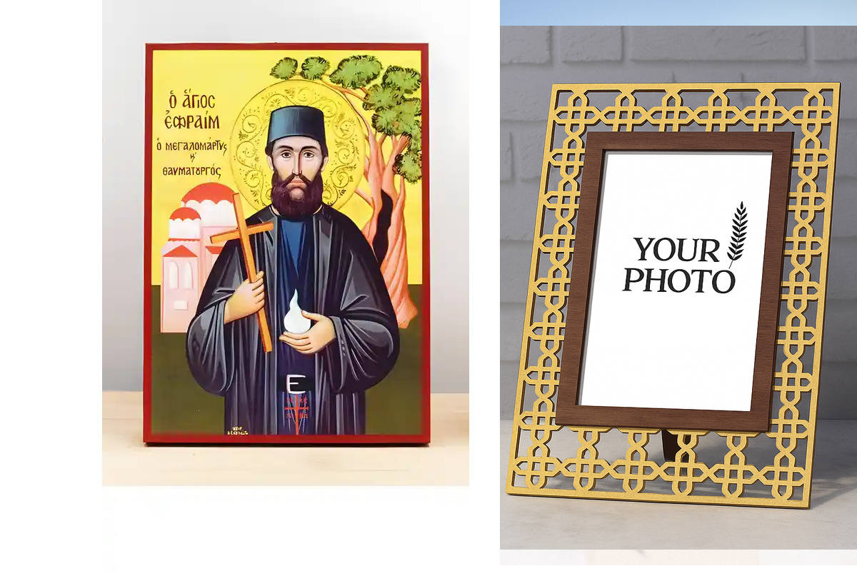 Εικόνα Ορθοδοξίας Πολυτελείας  με  σχεδιο Σταυρούς μαζι με  Βάση σε  8 χρώματα με περίγραμμα χρυσό σε ξύλο Plywood (Πλακάζ)   με  βάση Άγιος Εφραίμ Νέας Μάκρης ο Νεομάρτυς, Ξύλινη Χειροποίητη Εικόνα Ελληνικής Βυζαντινής Τεχνοτροπίας Κρεμαστή σε ξύλινη πλά