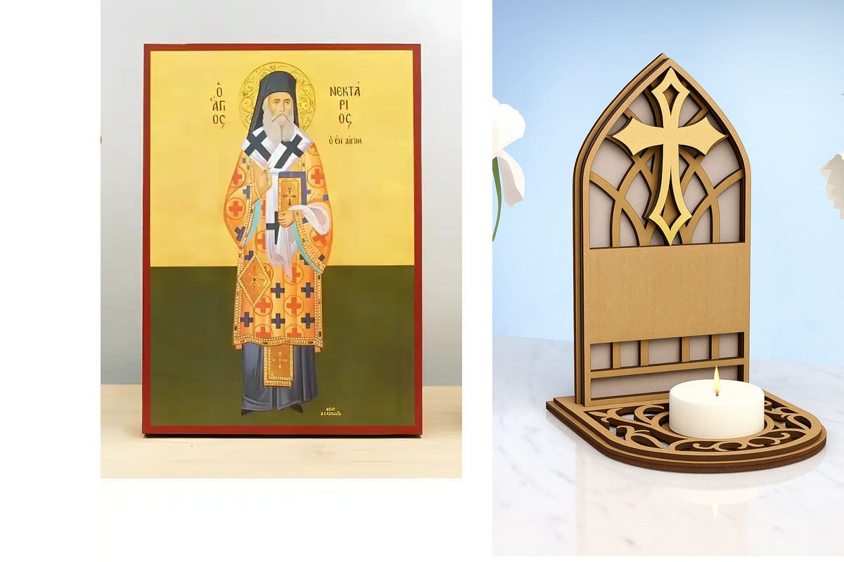 Εικόνα Ορθοδοξίας Καντηλάκι σε  8 χρώματα με περίγραμμα χρυσό σε ξύλο Plywood (Πλακάζ)   με  βάση Άγιος Νεκτάριος Μητροπολίτης Πενταπόλεως και Θαυματουργός Αίγινας Fullboby, Ξύλινη Χειροποίητη Εικόνα Ελληνική Βυζαντινή Τοίχο Χειροποίητη Ελληνορθόδοξη εικό
