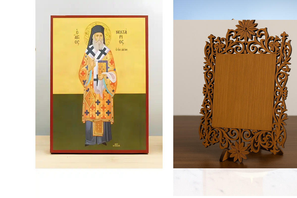 Εικόνα Ορθοδοξίας Δαντέλα μαζι με  Βάση σε  8 χρώματα με περίγραμμα χρυσό σε ξύλο Plywood (Πλακάζ)   με  βάση Άγιος Νεκτάριος Μητροπολίτης Πενταπόλεως και Θαυματουργός Αίγινας Fullboby, Ξύλινη Χειροποίητη Εικόνα Ελληνική Βυζαντινή Τοίχο Χειροποίητη Ελληνο