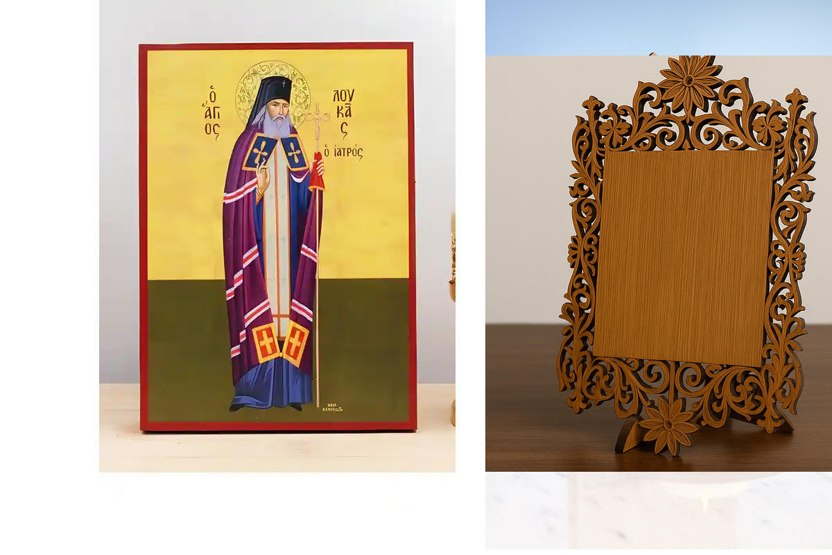 Εικόνα Ορθοδοξίας Δαντέλα μαζι με  Βάση σε  8 χρώματα με περίγραμμα χρυσό σε ξύλο Plywood (Πλακάζ)   με  βάση Ολόσωμος Άγιος Λουκάς ο Ιατρός, Ξύλινη Χειροποίητη Εικόνα Ελληνικού Βυζαντινού Στυλ Κρεμαστή σε ξύλινη πλάκα Χειροποίητη Ελληνορθόδοξη εικόνα του