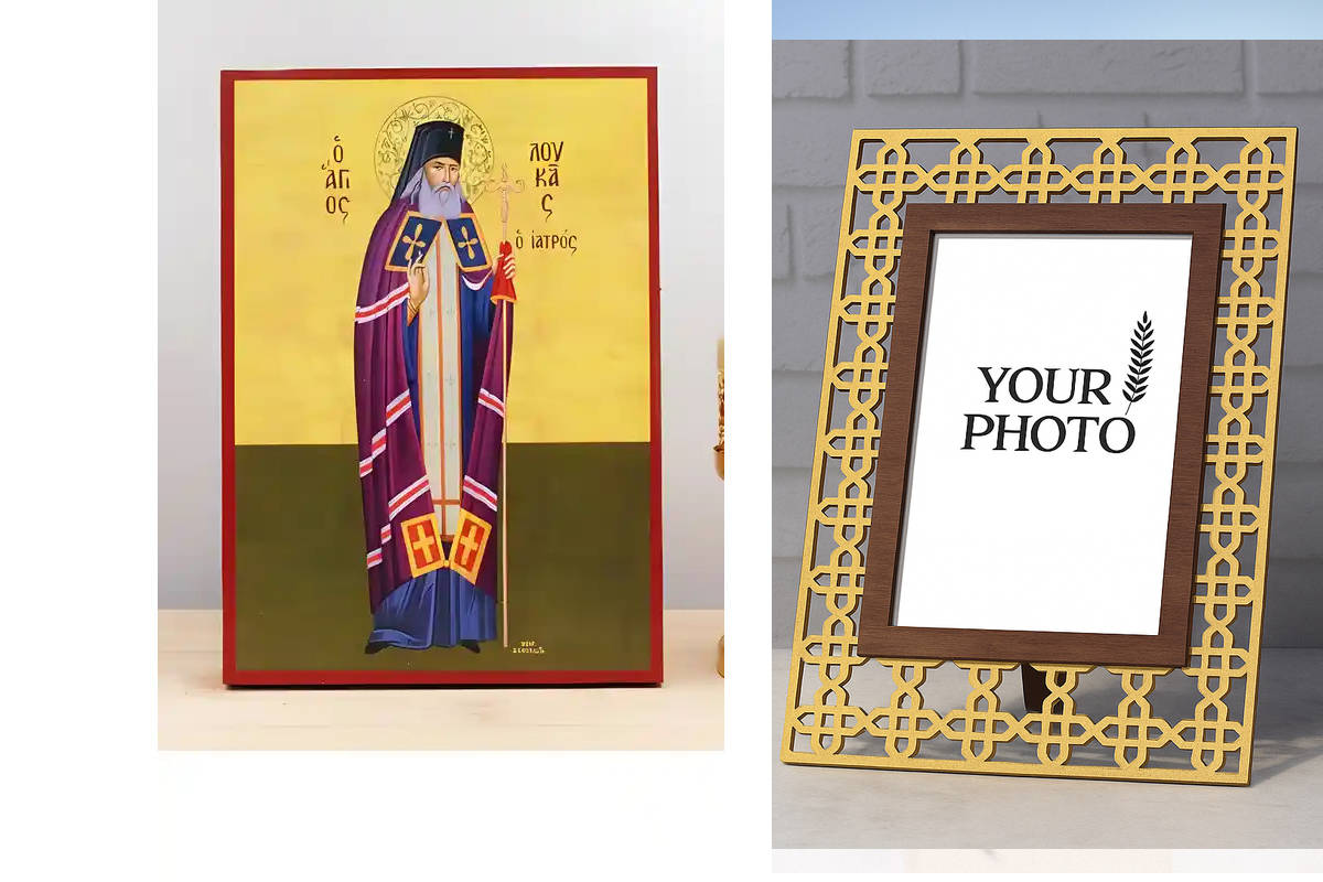 Εικόνα Ορθοδοξίας Πολυτελείας  με  σχεδιο Σταυρούς μαζι με  Βάση σε  8 χρώματα με περίγραμμα χρυσό σε ξύλο Plywood (Πλακάζ)   με  βάση Ολόσωμος Άγιος Λουκάς ο Ιατρός, Ξύλινη Χειροποίητη Εικόνα Ελληνικού Βυζαντινού Στυλ Κρεμαστή σε ξύλινη πλάκα Χειροποίητη