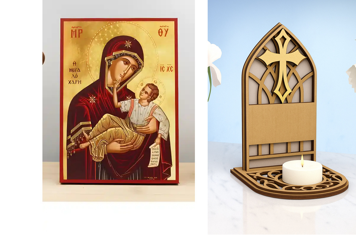 Εικόνα Ορθοδοξίας Καντηλάκι σε  8 χρώματα με περίγραμμα χρυσό σε ξύλο Plywood (Πλακάζ)   με  βάση Παναγία της Μεγάλης Χάριτος «Μεγαλόχαρη» με τον Ιησού, Ξύλινη Χειροποίητη Εικόνα Ελληνική Premium Βυζαντινού Στυλ Κρεμαστή Ξύλινη Πλάκα Θρησκευτική Χειροποίη