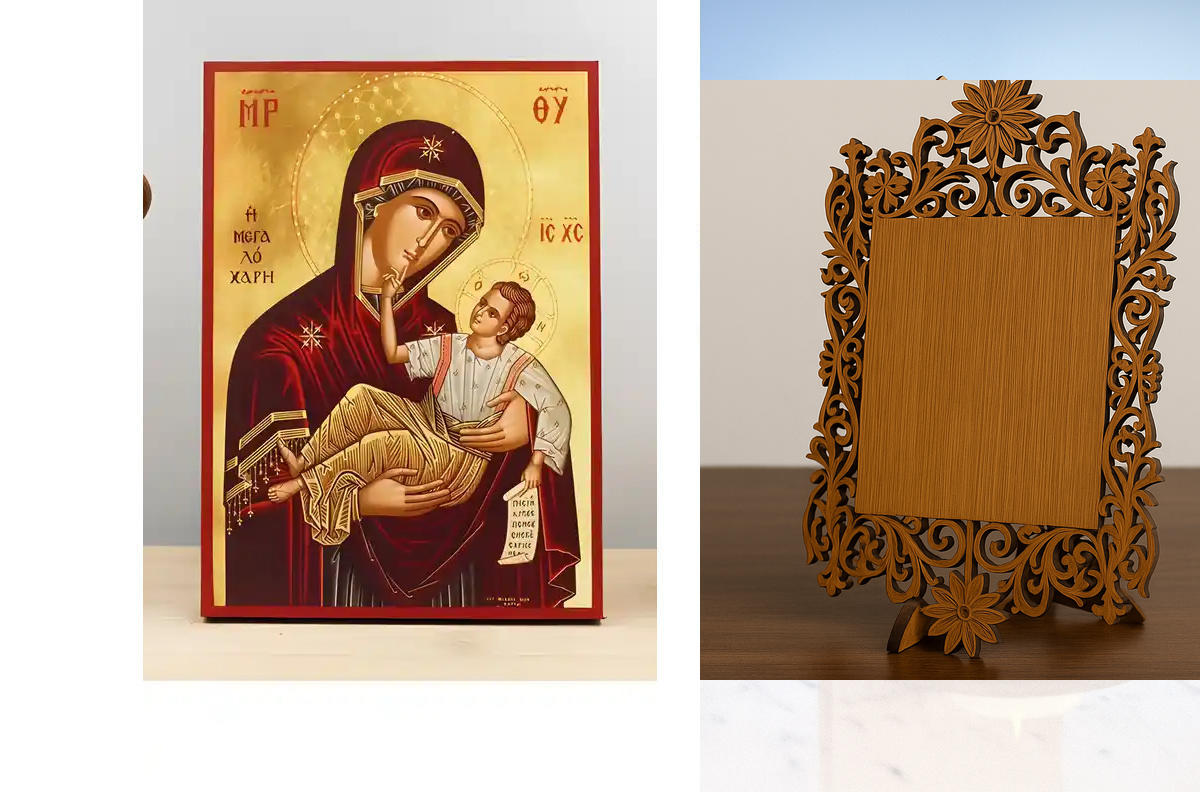 Εικόνα Ορθοδοξίας Δαντέλα μαζι με  Βάση σε  8 χρώματα με περίγραμμα χρυσό σε ξύλο Plywood (Πλακάζ)   με  βάση Παναγία της Μεγάλης Χάριτος «Μεγαλόχαρη» με τον Ιησού, Ξύλινη Χειροποίητη Εικόνα Ελληνική Premium Βυζαντινού Στυλ Κρεμαστή Ξύλινη Πλάκα Θρησκευτι