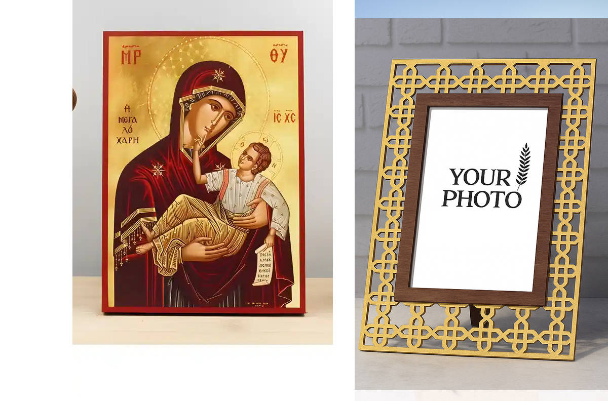 Εικόνα Ορθοδοξίας Πολυτελείας  με  σχεδιο Σταυρούς μαζι με  Βάση σε  8 χρώματα με περίγραμμα χρυσό σε ξύλο Plywood (Πλακάζ)   με  βάση Παναγία της Μεγάλης Χάριτος «Μεγαλόχαρη» με τον Ιησού, Ξύλινη Χειροποίητη Εικόνα Ελληνική Premium Βυζαντινού Στυλ Κρεμασ