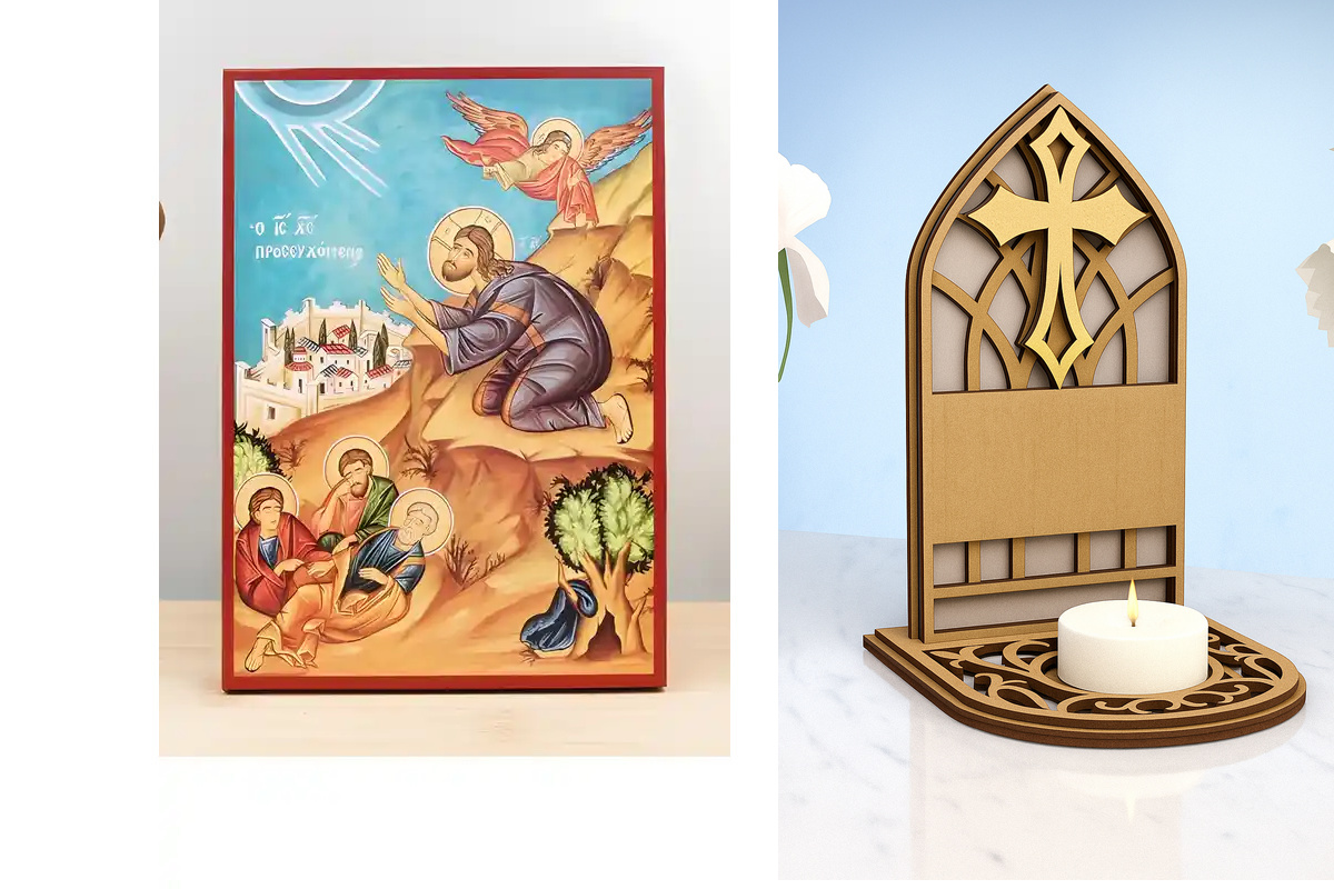 Εικόνα Ορθοδοξίας Καντηλάκι σε  8 χρώματα με περίγραμμα χρυσό σε ξύλο Plywood (Πλακάζ)   με  βάση Ο Ιησούς Χριστός προσεύχεται στην Αντιπροσωπεία της Γεθσημανής, Ξύλινη Χειροποίητη Εικόνα Ελληνικού Premium Βυζαντινού Στυλ Κρεμασμένο σε ξύλινη πλάκα Θρησκε