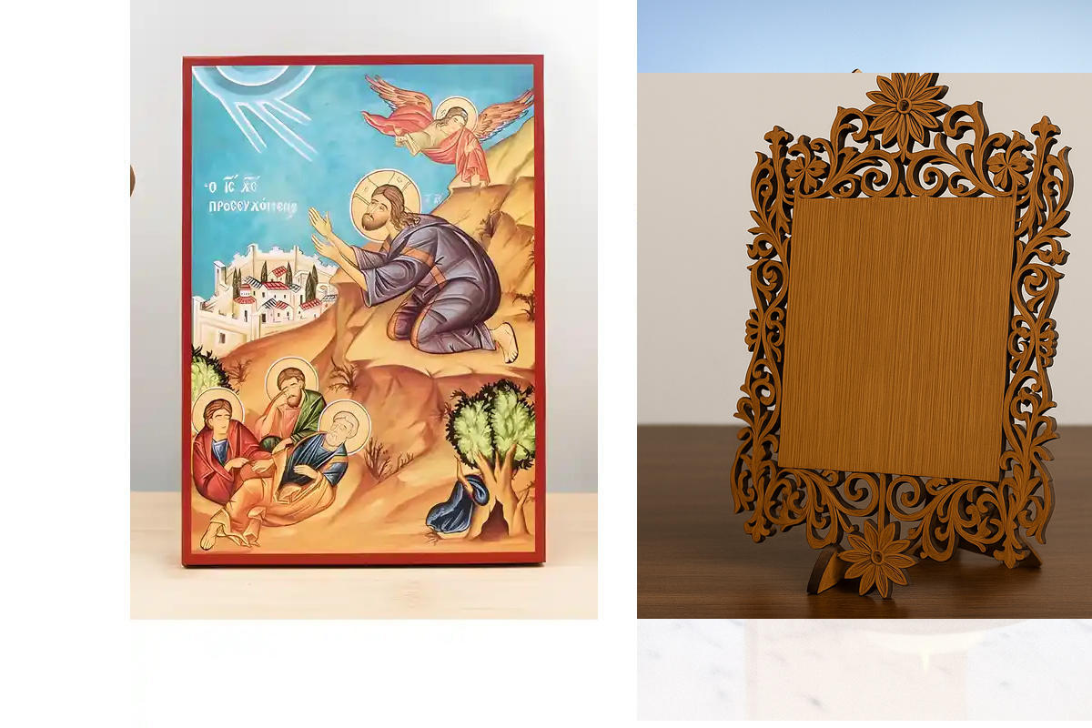 Σετ 2 τεμαχίων – Εικόνα Ορθοδοξίας Δαντέλα μαζι με  Βάση σε  8 χρώματα με περίγραμμα χρυσό σε ξύλο Plywood (Πλακάζ)   με  βάση Ο Ιησούς Χριστός προσεύχεται στην Αντιπροσωπεία της Γεθσημανής, Ξύλινη Χειροποίητη Εικόνα Ελληνικού Premium Βυζαντινού Στυλ Κρεμ