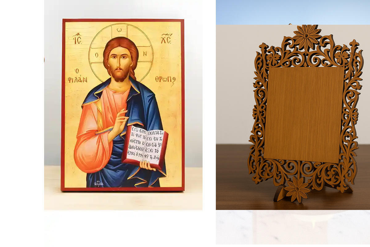 Εικόνα Ορθοδοξίας Δαντέλα μαζι με  Βάση σε  8 χρώματα με περίγραμμα χρυσό σε ξύλο Plywood (Πλακάζ)   με  βάση Ιησούς Χριστός ο Μέγας Φιλάνθρωπος, Ξύλινη Χειροποίητη Εικόνα Ελληνικού Βυζαντινού Στυλ Κρεμασμένο σε ξύλινη πλάκα Θρησκευτικό θέμα Χειροποίητη Ε