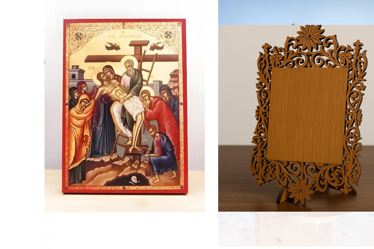 Εικόνα Ορθοδοξίας Δαντέλα μαζι με  Βάση σε  8 χρώματα με περίγραμμα χρυσό σε ξύλο Plywood (Πλακάζ)   με  βάση Ιησούς Χριστός Κάθοδος από τον Σταυρό «Πιέτα», Ξύλινη Χειροποίητη Εικόνα Ελληνικού Βυζαντινού Στυλ Κρεμαστή σε Ξύλινη Πλάκα Θρησκευτικό Θέμα Χειρ