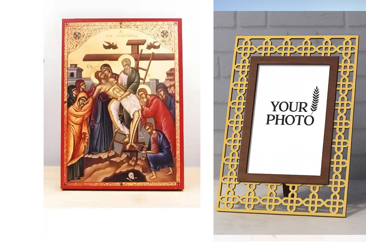 Εικόνα Ορθοδοξίας Πολυτελείας  με  σχεδιο Σταυρούς μαζι με  Βάση σε  8 χρώματα με περίγραμμα χρυσό σε ξύλο Plywood (Πλακάζ)   με  βάση Ιησούς Χριστός Κάθοδος από τον Σταυρό «Πιέτα», Ξύλινη Χειροποίητη Εικόνα Ελληνικού Βυζαντινού Στυλ Κρεμαστή σε Ξύλινη Πλ