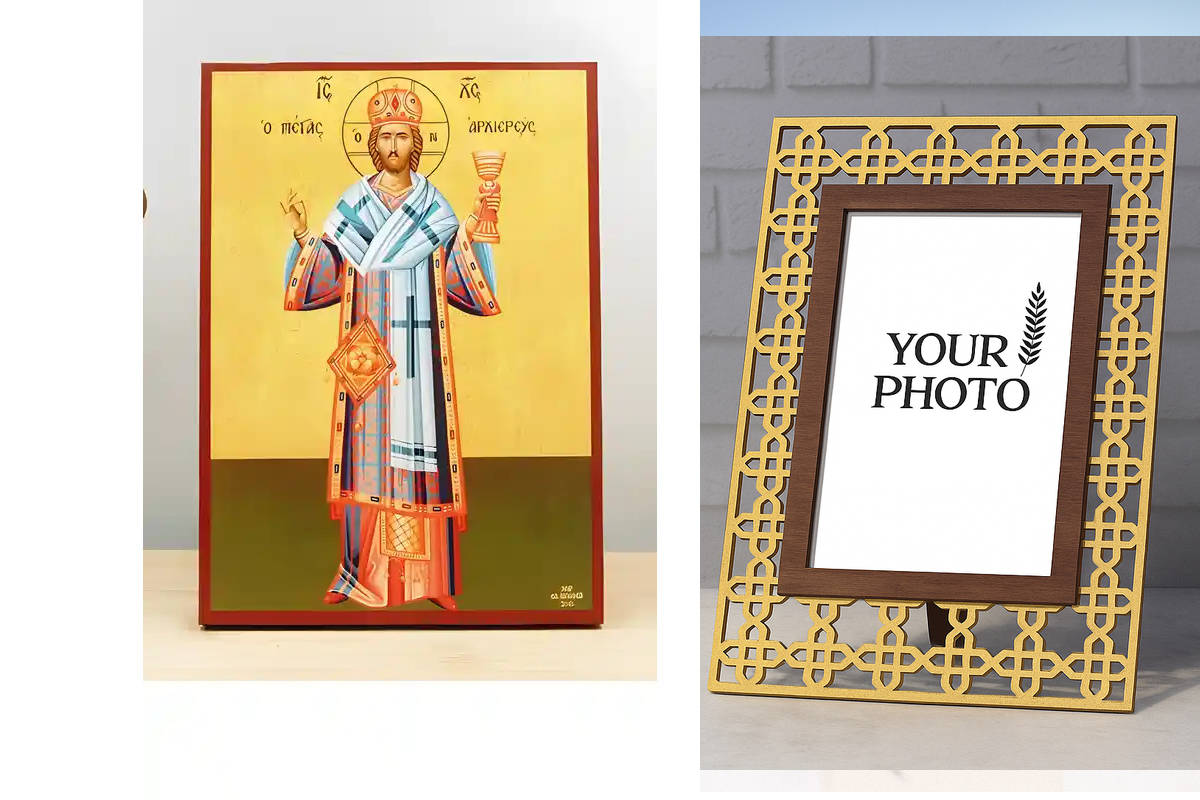 Εικόνα Ορθοδοξίας Πολυτελείας  με  σχεδιο Σταυρούς μαζι με  Βάση σε  8 χρώματα με περίγραμμα χρυσό σε ξύλο Plywood (Πλακάζ)   με  βάση Ιησούς Χριστός ο Μέγας Αρχιερέας, Ξύλινη Χειροποίητη Εικόνα Ελληνικού Βυζαντινού Στυλ τοίχου Κρεμασμένη σε ξύλινη πλάκα